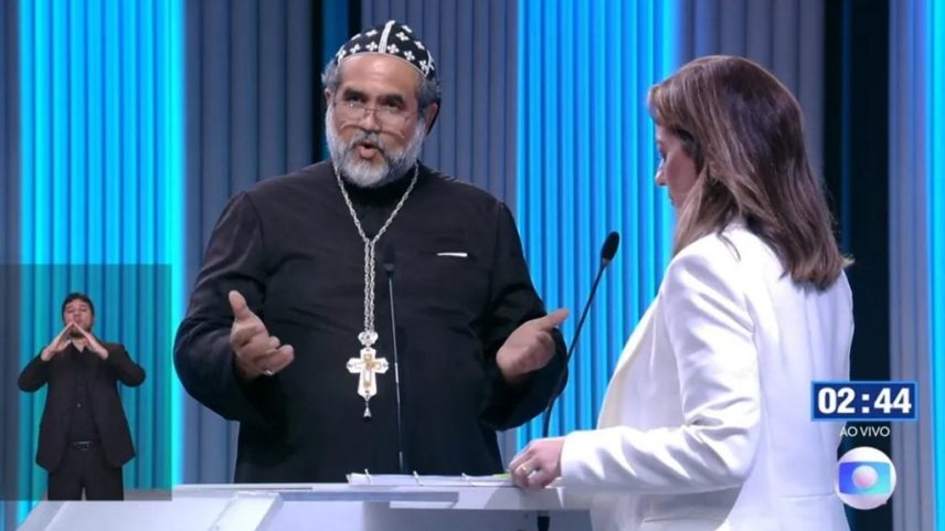 Padre Kelmon e Soraya Thronicke em debate na TV Globo. Foto: Reprodução/TV Globo