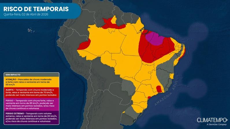 Atenção para temporais fortes na região Norte e Nordeste do país nesta quinta-feira (02) de abril de 2026.