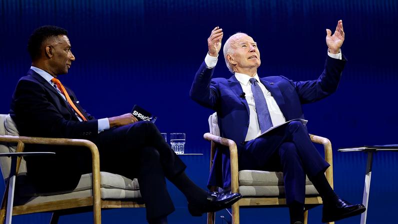 Former U.S. President Joe Biden participates in a Q&A with Johnny C. Taylor Jr., President and CEO of the Society for Human Resource Management (SHRM), at the SHRM Annual Conference and Expo in San Diego, California, on July 2, 2025.
