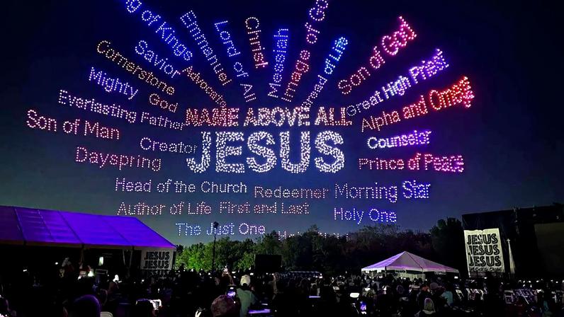 People attend an Easter drone show at The Church on Masters Road in Manvel, Texas.