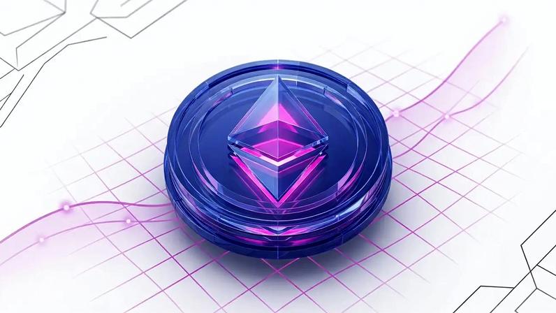 3D Ethereum coin with magenta glow and ascending price trajectory visualization on digital grid background