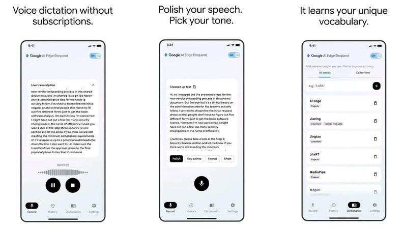 Screenshots of Google AI Edge Eloquent as seen on the App Store