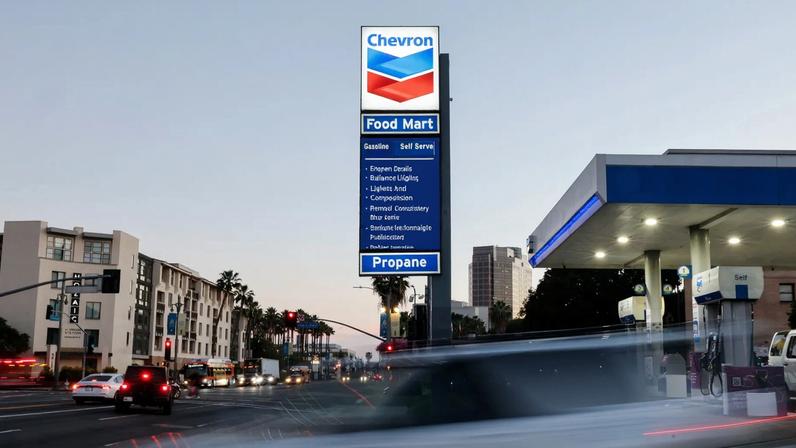 High gas prices are displayed at a downtown Chevron station on March 3, 2026 in Los Angeles, California.