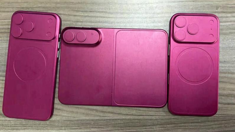 Photo of three pink dummy iPhone units for the iPhone 18 Pro, Fold, and 18 Pro Max