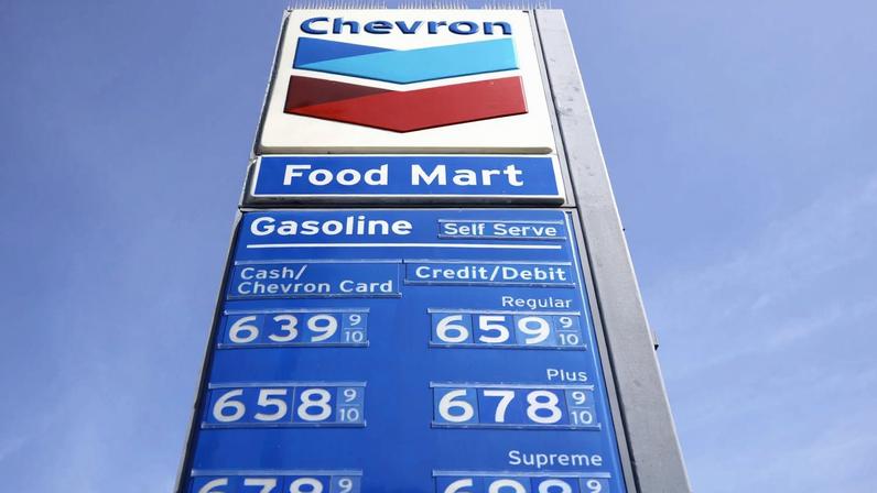 Gas prices are displayed at a Chevron gas station in Los Angeles on March 30.
