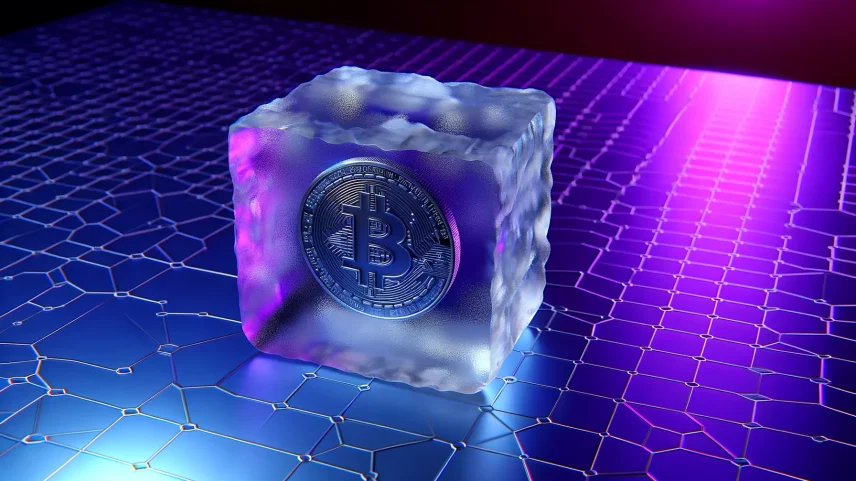 Frozen cryptocurrency governance token encased in ice with magenta blockchain grid overlay