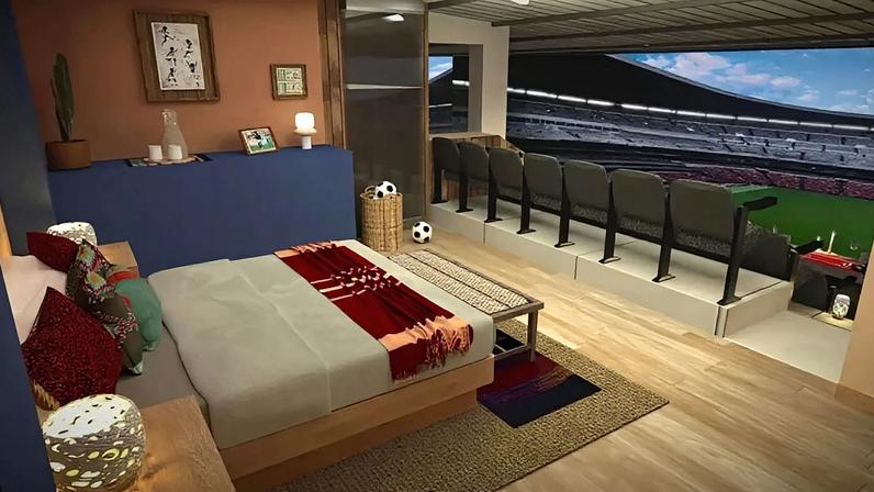 A suíte à beira do campo dentro do Estádio Azteca, na Cidade do México, onde um grupo de hóspedes do Airbnb passará a noite a poucos passos do gramado antes da Copa do Mundo de 2026