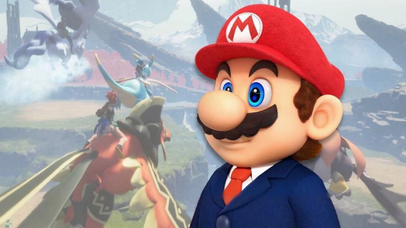 Lawyer Mario in front of a Palworld screenshot.