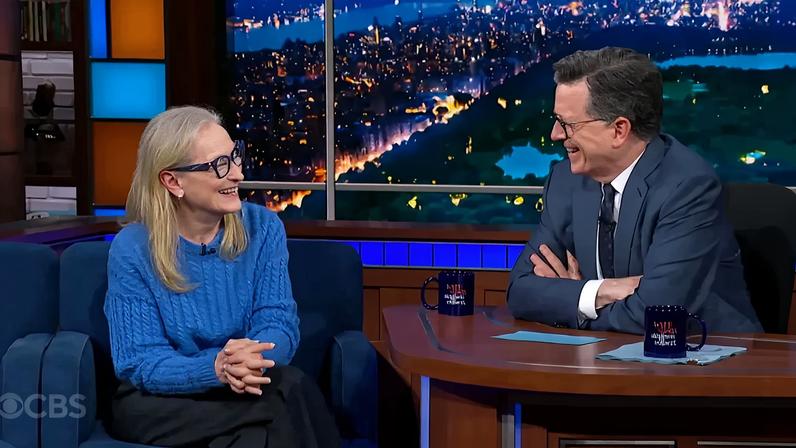 Meryl Streep wore a custom J.Crew cashmere sweater on “The Late Show with Stephen Colbert” in the movie's iconic cerulean hue.
