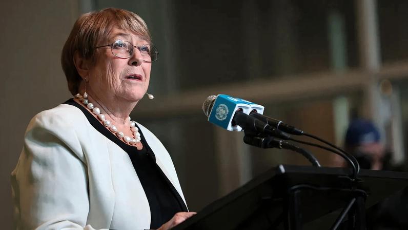 Former Chilean President Michelle Bachelet speaks to journalists after an informal dialogue for the candidacy of the U.N. secretary-general position, seen at United Nations headquarters in New York City on April 21.