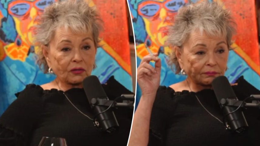 An image collage containing 2 images, Image 1 shows Roseanne Barr sits at a microphone with a custom gun and a Trump image behind her for her podcast, Image 2 shows Roseanne Barr smoking with a gun in a case featuring Donald Trump and a portrait behind her