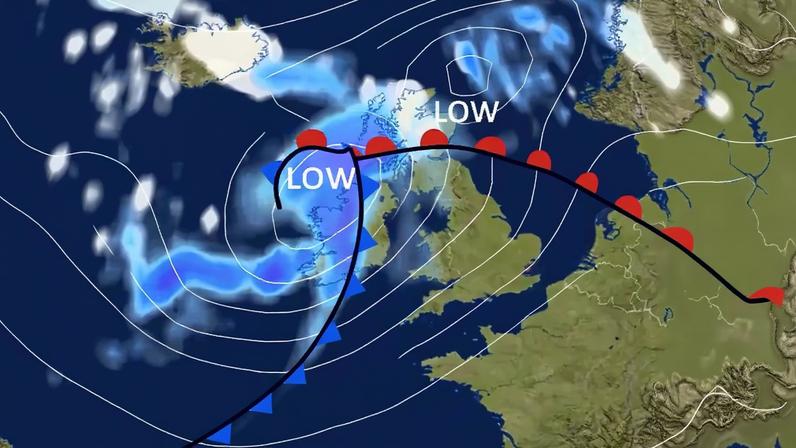 Weather map of the British Isles showing intense low over Ireland and Scotland.
