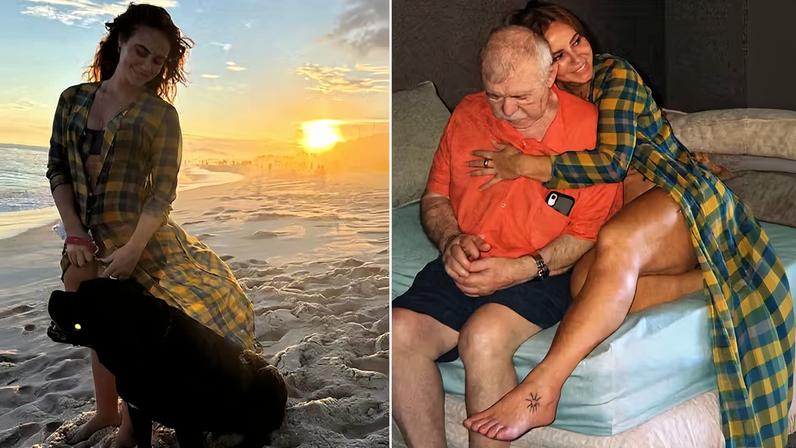 Paolla Oliveira passa dia na praia com o pet e visita ao pai