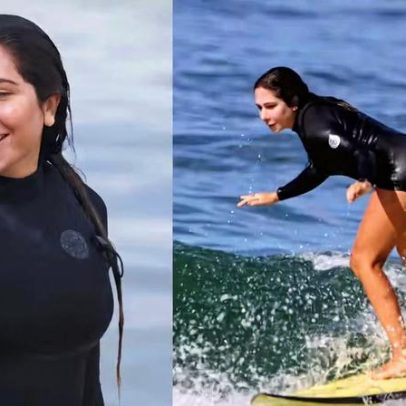 Carol Portaluppi retoma aulas de surfe e encara o mar