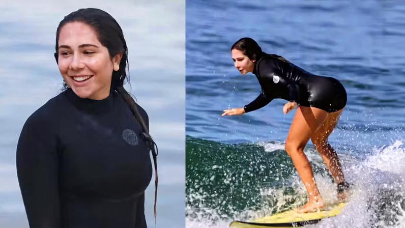Após perrengue com roupa de surfe, Carol Portaluppi encara mais aulas e se joga no mar — Foto: Dan Delmiro/Agnews