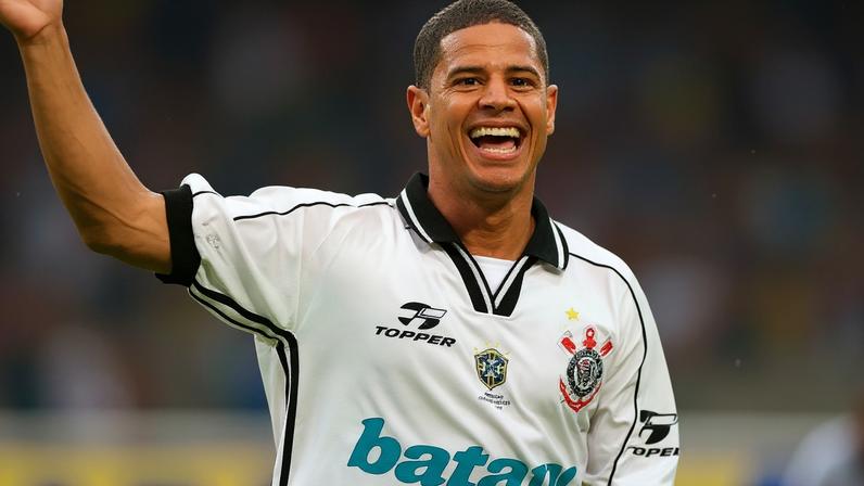 O meia Marcelinho Carioca e o centroavante Luizão celebram a imponente vitória do Corinthians por 3 a 0 sobre o Grêmio, em exibição de gala no Estádio Olímpico Monumental pelo Nacional. (Djalma Vassão/Lancepress!)