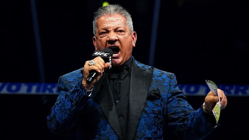 Bruce Buffer announces a fight during the UFC 326 event at T-Mobile Arena