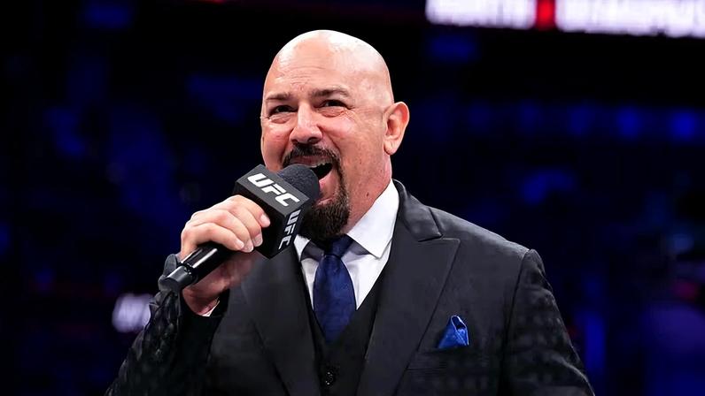UFC Octagon announcer Joe Martinez introduces the fight between Jamey-Lyn Horth of Canada and Vanessa Demopoulos in a women's flyweight bout during the UFC Fight Night event at State Farm Arena