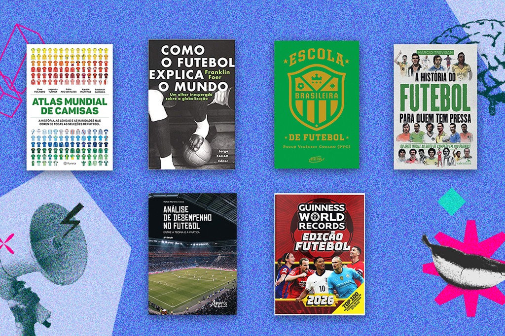 Seis livros sobre futebol dispostos em duas linhas sobre um fundo azul com formas geométricas e um megafone estilizado. Os títulos incluem "Atlas Mundial de Camisas", "Como o Futebol Explica o Mundo", "Escola Brasileira de Futebol", "A História do Futebol Para Quem Tem Pressa", "Análise de Desempenho no Futebol" e "Guinness World Records Edição Futebol"