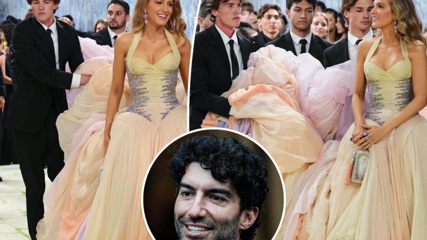 Blake Lively in a pastel orange, pink, and purple gown with a jeweled bodice and her cousin William McAlpin holding her train at the Met Gala.