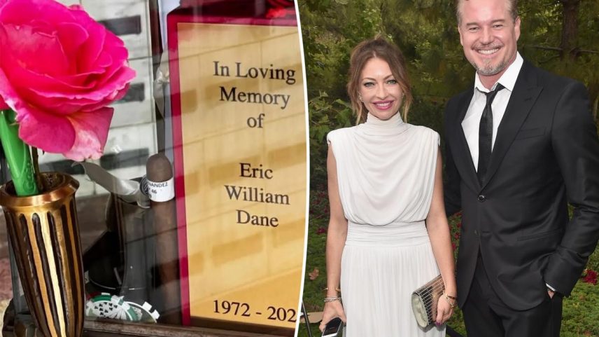 A two-photo collage of a plaque and Rebecca Gayheart and Eric Dane.