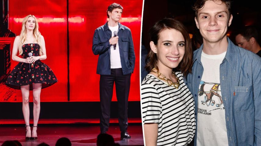 A two-photo collage of Emma Roberts and Evan Peters.