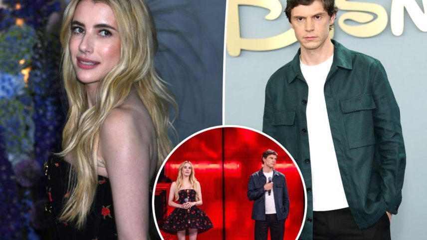 Exes Emma Roberts and Evan Peters (third and second from right) "get along great" despite their tense onstage reunion to promote "American Horror Story" Season 13.