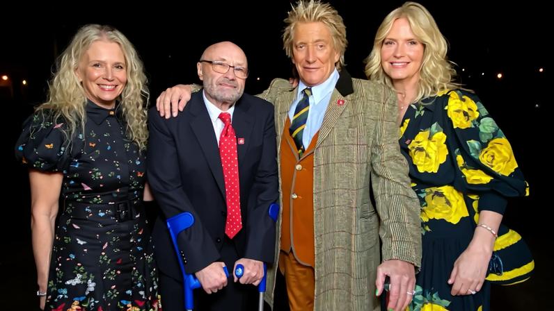 Phil Collins with his ex-wife Jill Collins and Rod Stewart with his wife