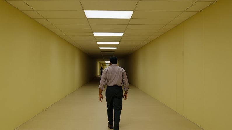 Homem de camisa clara e calça escura caminha por um corredor longo e estreito de paredes amarelas, com luzes retangulares no teto. Ao fundo, uma silhueta escura de outra pessoa se afasta, em um ambiente que parece não ter fim