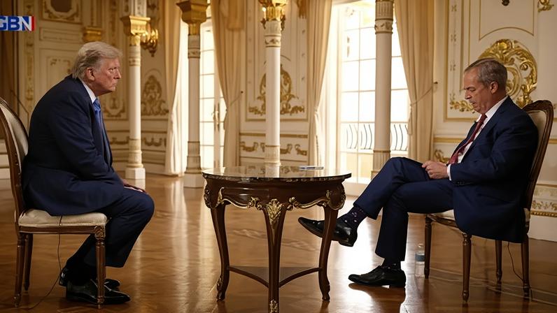 Donald Trump being interviewed by Nigel Farage for GB News in March 2024.