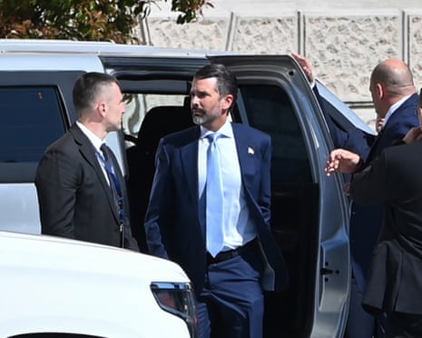 Donald Trump Jr, pictured arriving in Banja Luka, the main city in the Serbian half of Bosnia for a meeting with political leaders in April, was given a warm welcome by the son of ultranationalist Bosnian Serb leader Milorad Dodik.