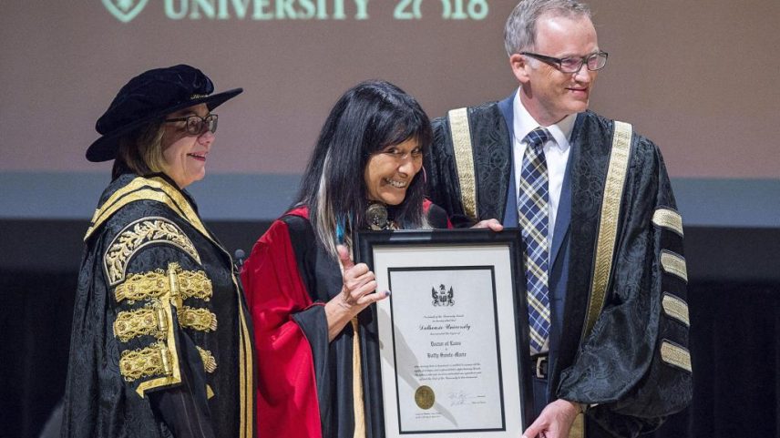 Buffy Sainte-Marie receives an honorary Doctor of Laws degree from Dalhousie University on April 17, 2018.