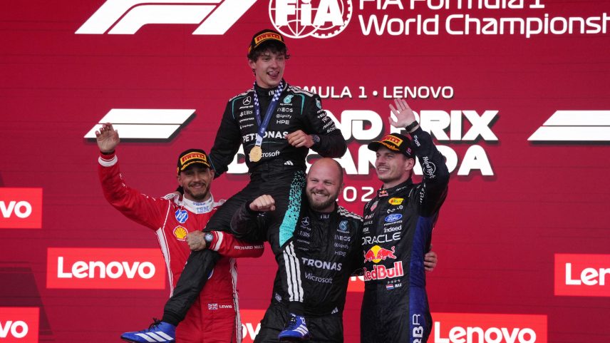 Kimi Antonelli é celebrado no pódio após vencer o GP do Canadá — Foto: Mathieu Belanger/Reuters