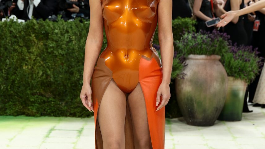 Kim Kardashian hit the Met Gala 2026 red carpet in a sculptural leather look.
