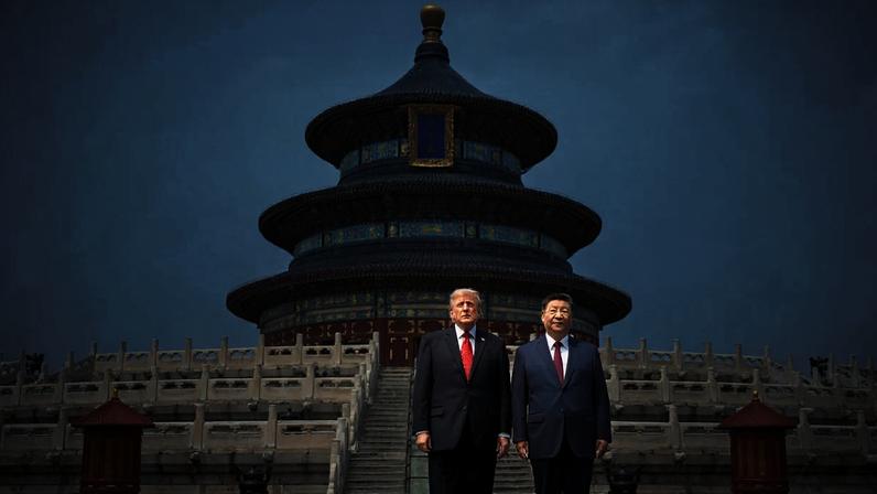 U.S. President Donald Trump and Chinese President Xi Jinping stand together as they tour the Temple of Heaven in Beijing, China.