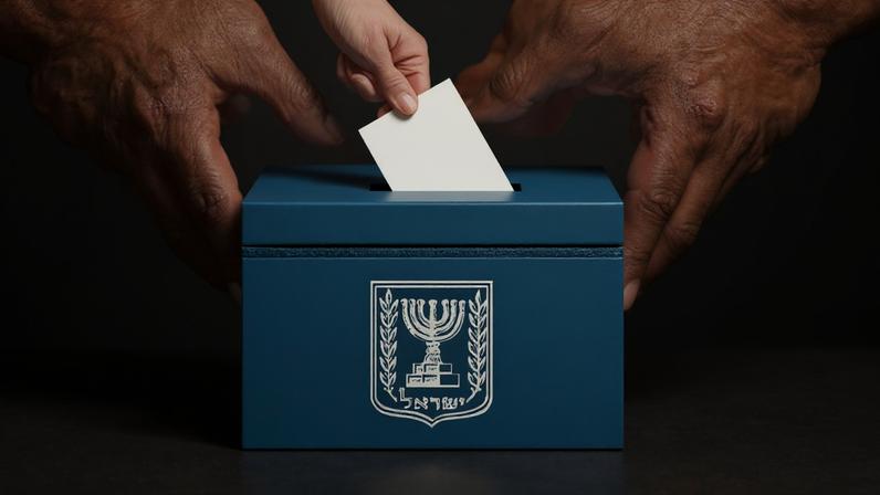 A hand places a ballot into an Israeli voting box while fires burn in the background