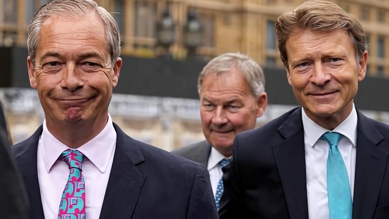 Nigel Farage and Richard Tice of Reform UK, with Rupert Lowe of Restore lurking in the background.