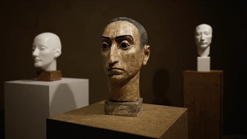 The exhibition at ATINATI's Cultural Center in Tbilisi includes Rusudan Gachechiladze's portrait heads, including (at front) Portrait of Besik Kharanauli. The Second Version (1980s). ATINATI Private Collection. Photo: courtesy ATINATI
