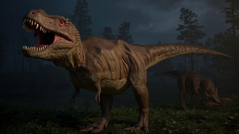 Tiranossauro Rex rugindo com a boca aberta, pele escamosa marrom e listras escuras, em uma floresta pré-histórica com samambaias, rio e árvores ao fundo, sob raios de sol