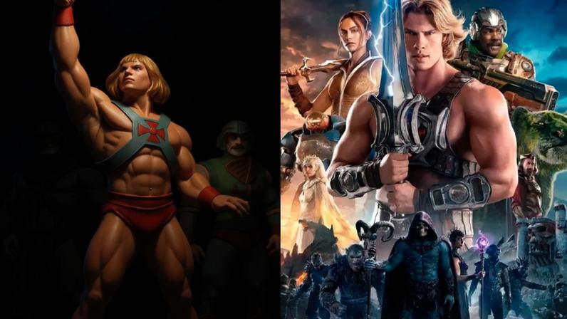 Comparativo entre a animação clássica e a versão live-action de He-Man e os Mestres do Universo. À esquerda, He-Man musculoso com espada erguida, Esqueleto e Mentor. À direita, ator loiro como He-Man, segurando a espada, e outros personagens em trajes de batalha, incluindo uma mulher com espada e um homem negro com arma futurista