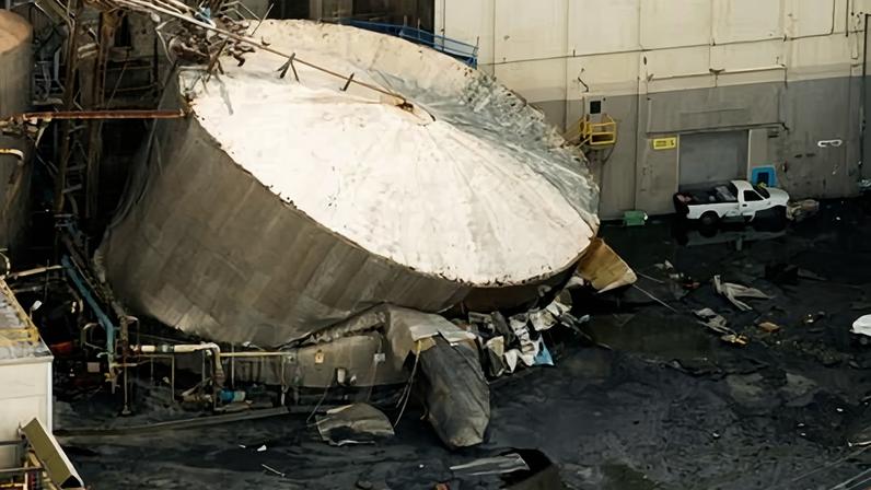 The aftermath of the tank rupture at the Nippon Dynawave Packaging pulp and paper mill in Longview, Washington, on 26 May.