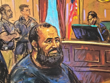Courtroom sketch of Mohammad Baqer Saad Dawood al-Saadi in a federal court in Manhattan, New York.
