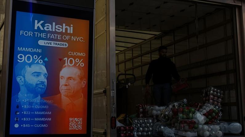 A Kalshi digital ad is displayed in Times Square during the New York City mayoral election in November 2025.
