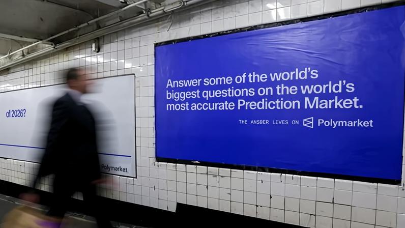 A Polymarket advertisement in a subway station in New York.