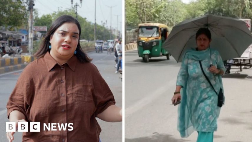 Composite image -The BBC's Sumedha Pal stood on a street (r) and a woman walking down a street holding an umbrella (r)