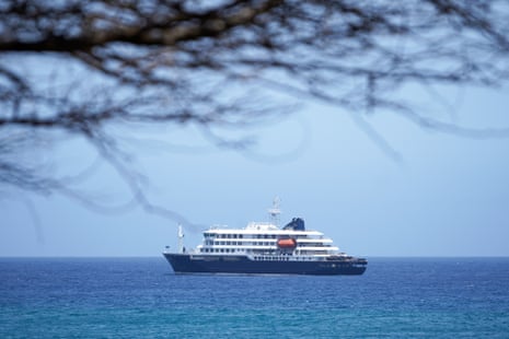 The MV Hondius cruise ship is anchored at a port in Praia, Cape Verde.