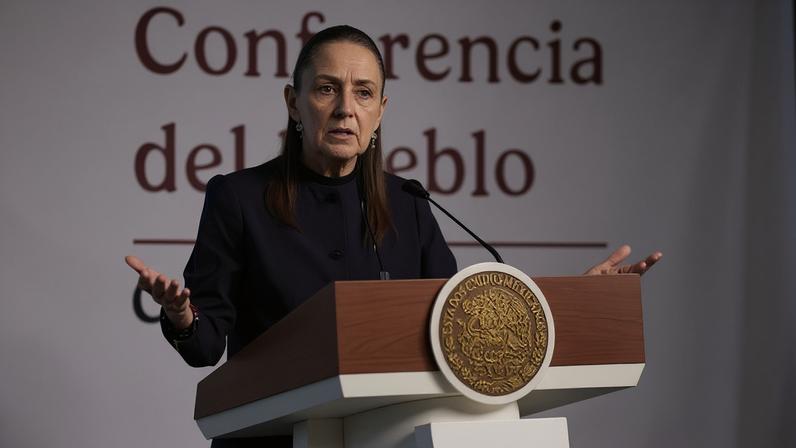 Claudia Sheinbaum speaks during a press conference at the National Palace in Mexico City, Mexico, on 18 May 2026.