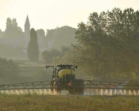 A French farmer sprays glyphosate on his crop as a desiccant before the EU banned the practice in 2023.