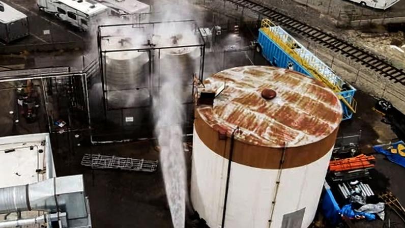 A drone view shows water being sprayed during a chemical incident in Garden Grove, California, on 23 May.