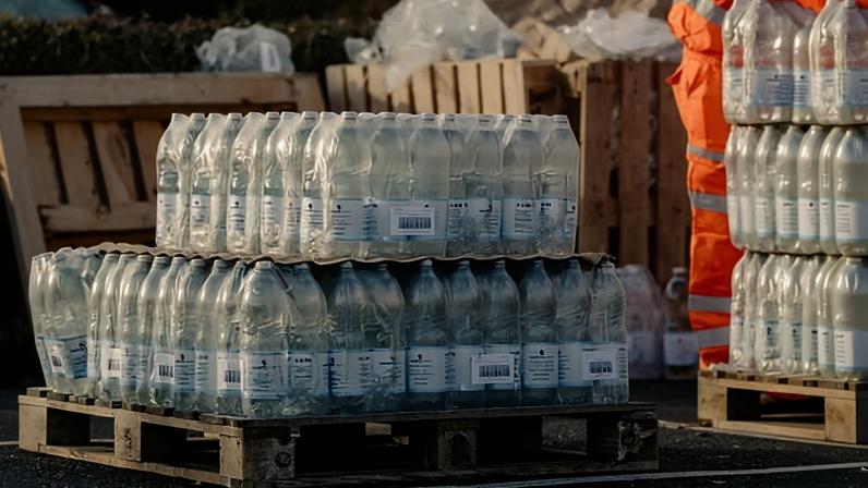 Bottles of water on wooden pallets